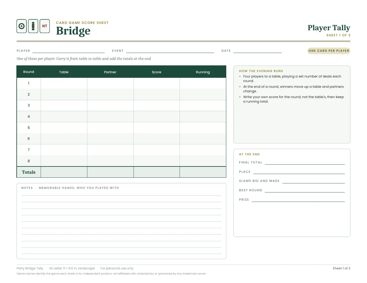 Party Bridge score sheet