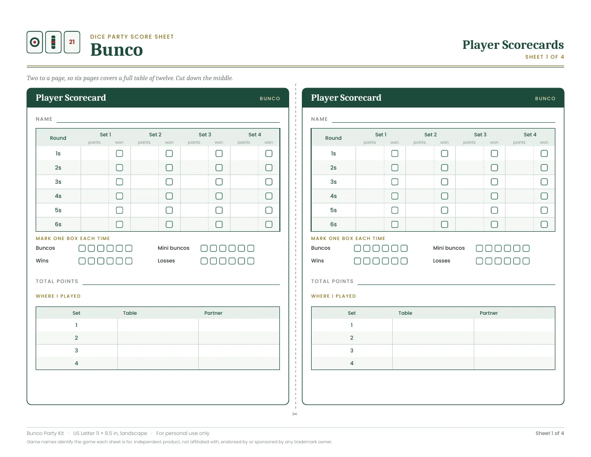 Bunco Party Kit score sheet