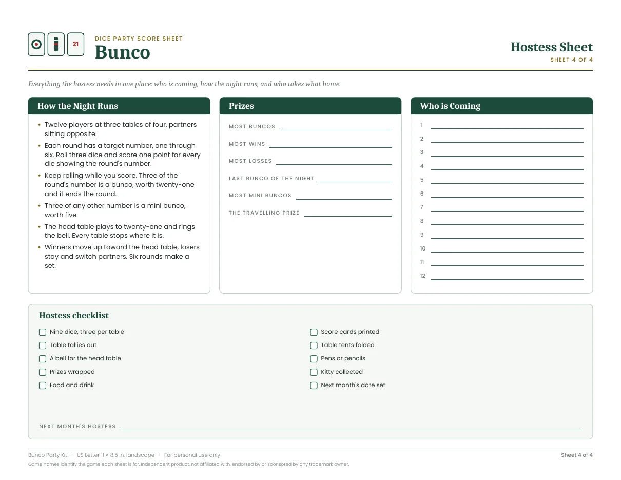 Hostess sheet for Bunco Party Kit