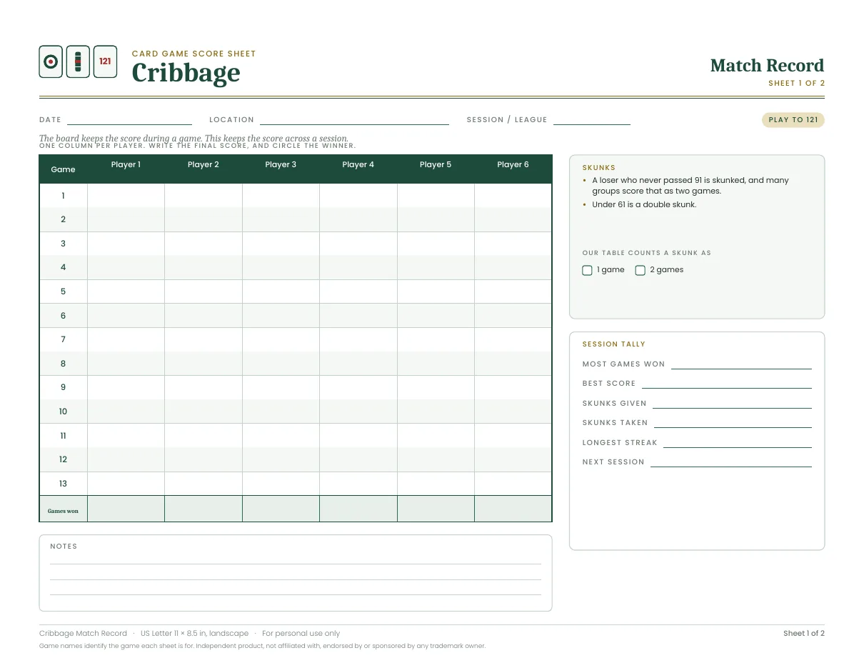 Cribbage score sheet