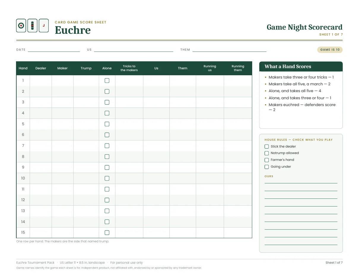 Game night scorecard for Euchre Tournament Pack