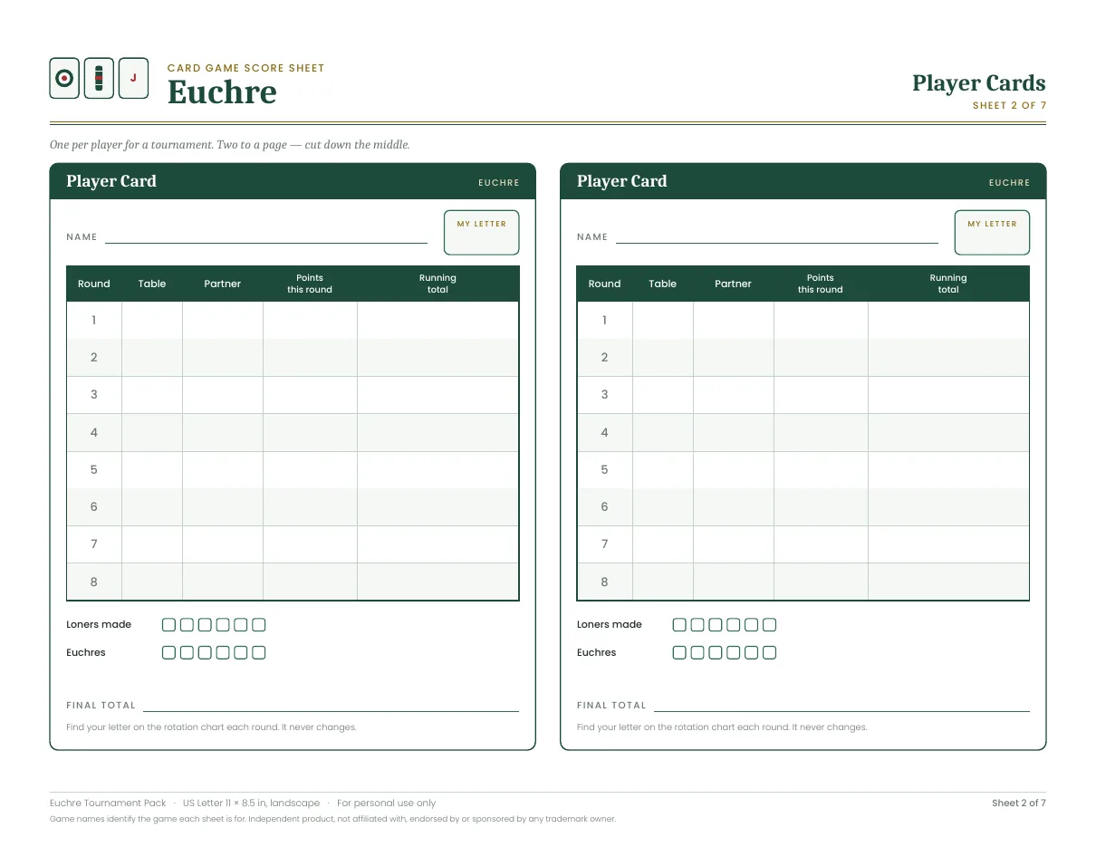 Player cards for Euchre Tournament Pack