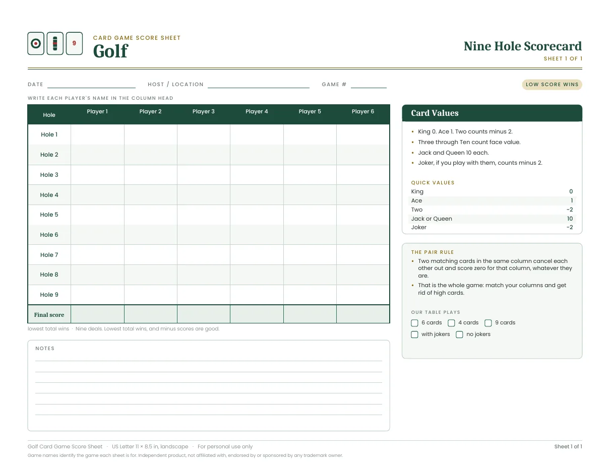 Golf (Card Game) score sheet